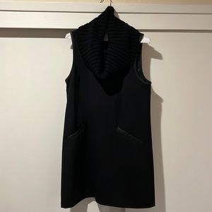Theory black dress cowl neck leather trim sleeves and pockets